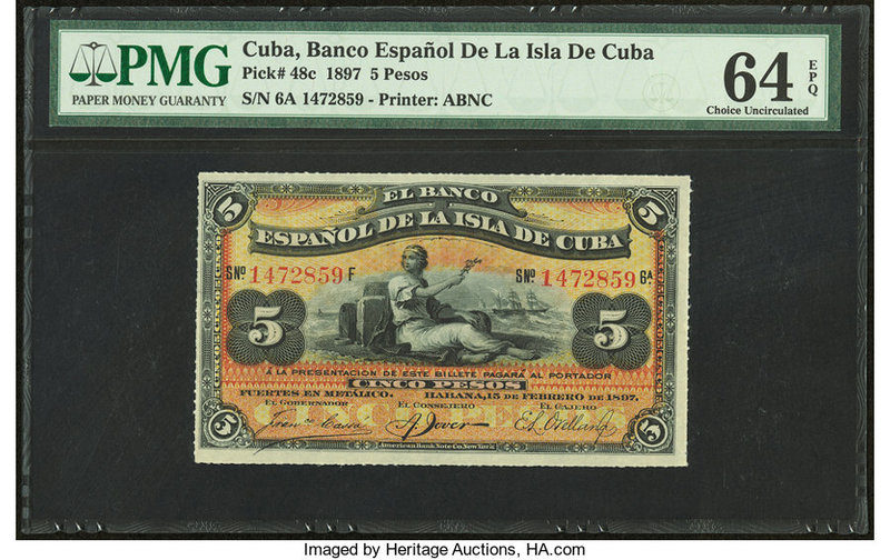 Cuba Banco Espanol De La Isla De Cuba 5 Pesos 15.2.1897 Pick 48c PMG Choice Unci...