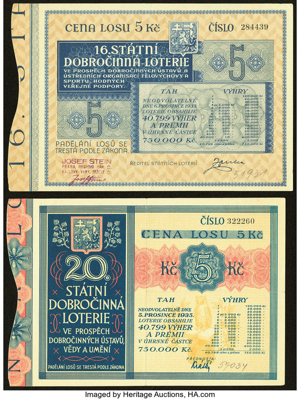 Czechoslovakia Pair of 1933-35 Lotter Tickets About Uncirculated. 

HID098012420...