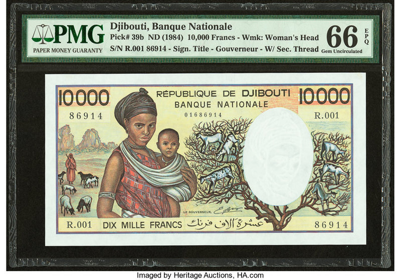 Djibouti Banque Nationale 10,000 Francs ND (1984) Pick 39b PMG Gem Uncirculated ...