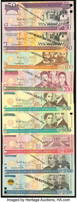 A Selection of Nine Specimen Bank Notes issued by the Banco Central de la Republ...