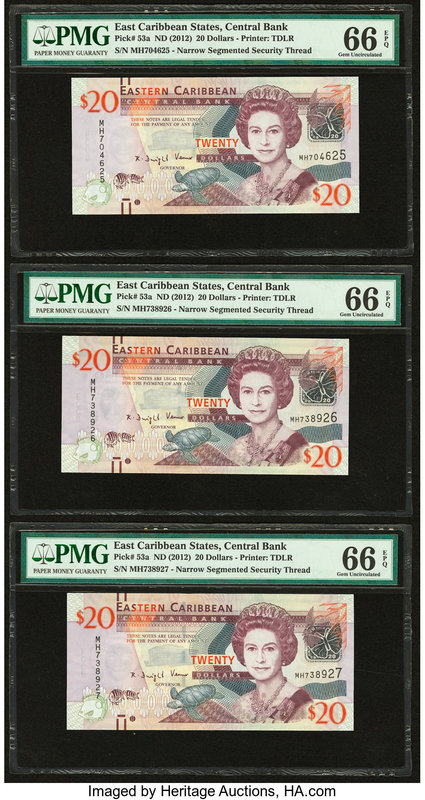 East Caribbean States Central Bank 20 Dollars ND (2012) Pick 53a Three Consecuti...