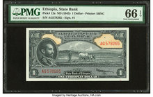 Ethiopia State Bank of Ethiopia 1 Dollar ND (1945) Pick 12a PMG Gem Uncirculated 66 EPQ. This example is tied for the highest graded on the PMG report...