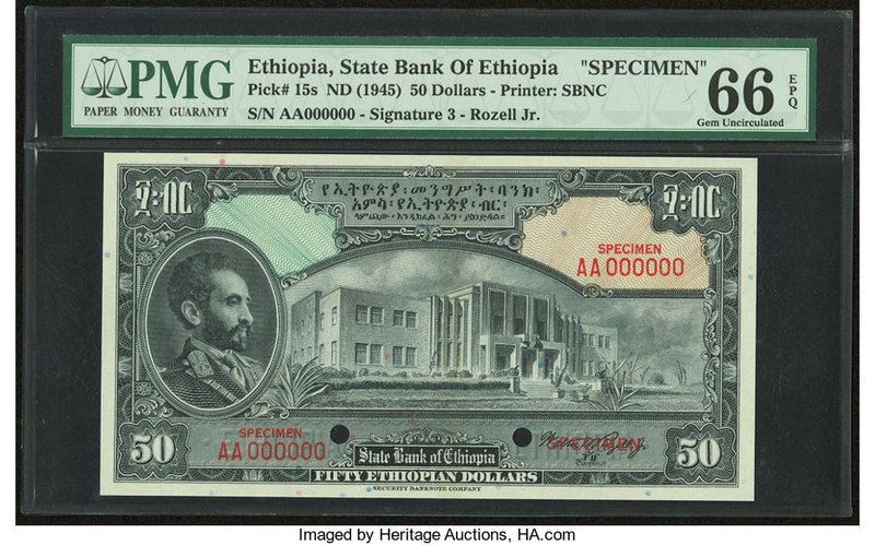 Ethiopia State Bank of Ethiopia 50 Dollars ND (1945) Pick 15s Specimen PMG Gem U...