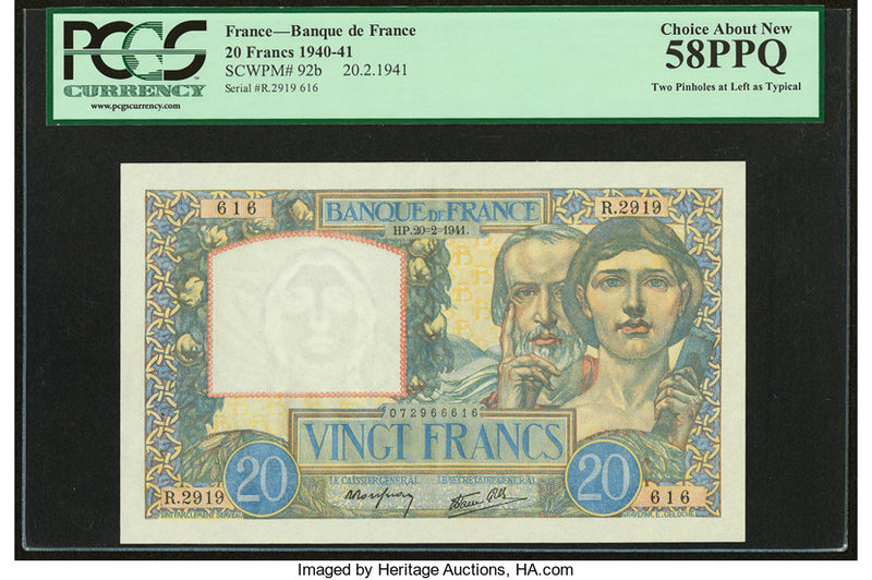France Banque de France 20 Francs 20.2.1941 Pick 92b PCGS Choice About New 58PPQ...