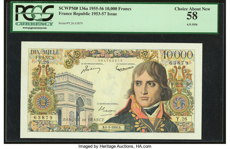 France Banque de France 10,000 Francs 6.9.1956 Pick 136a PCGS Choice About New 5...