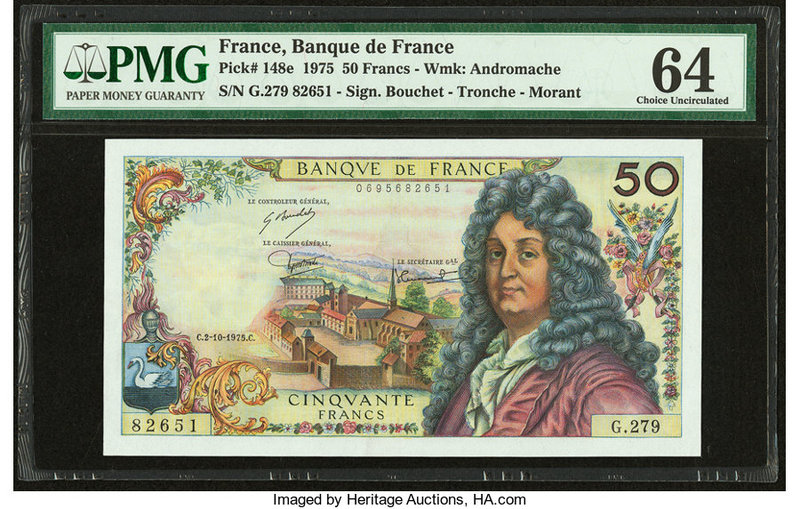 France Banque de France 50 Francs 2.10.1975 Pick 148e PMG Choice Uncirculated 64...