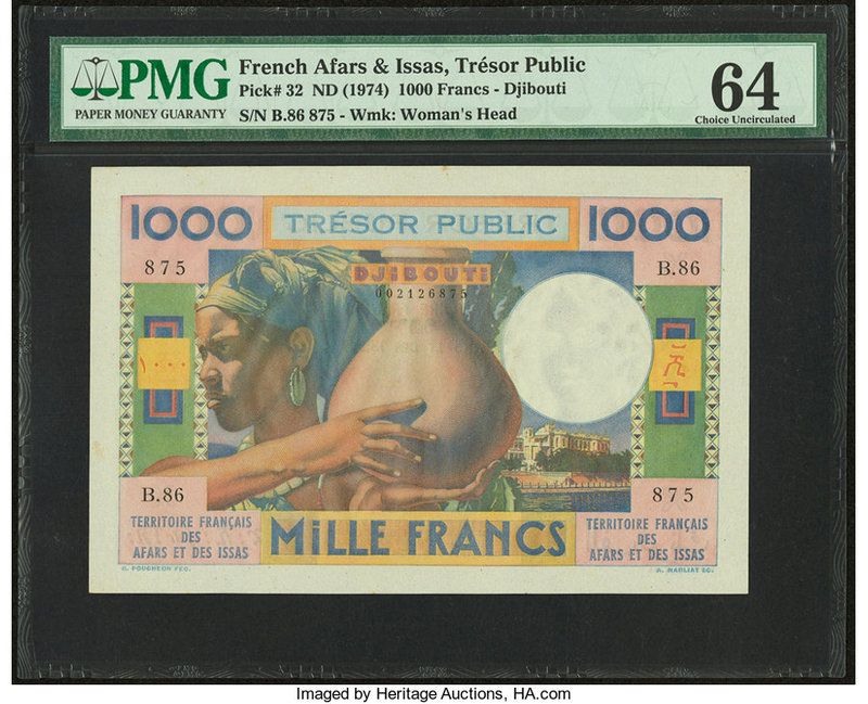 French Afars & Issas Tresor Public 1000 Francs ND (1974) Pick 32 PMG Choice Unci...