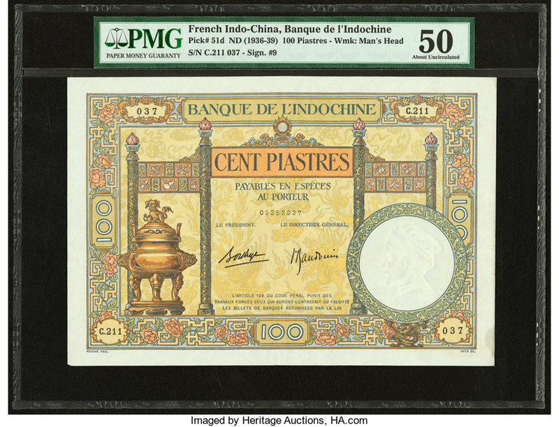 French Indochina Banque de l'Indo-Chine 100 piastres ND (1936-39) Pick 51d PMG A...