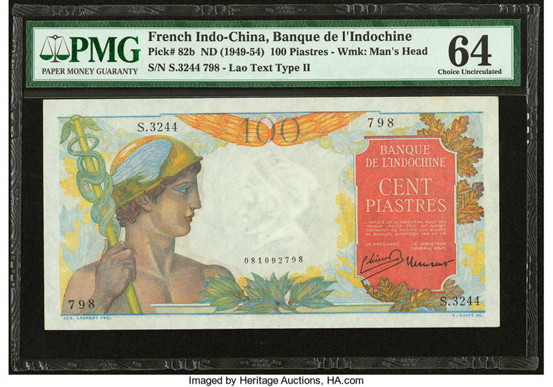 French Indochina Banque de l'Indo-Chine 100 Piastres ND (1949-54) Pick 82b PMG C...