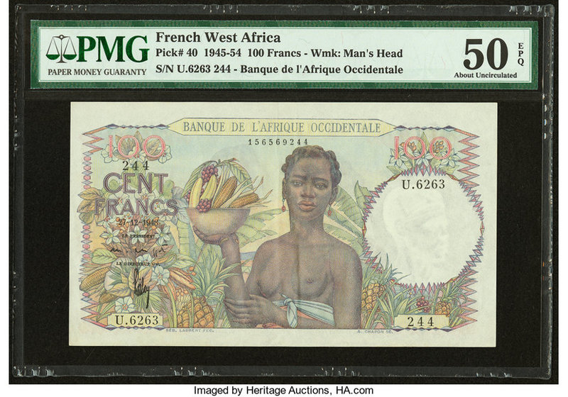 French West Africa Banque de l'Afrique Occidentale 100 Francs 27.12.1948 Pick 40...