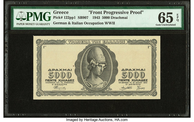Greece Occupation 5000 Drachmai 1943 Pick 122pp1 Front Progressive Proof PMG Gem...
