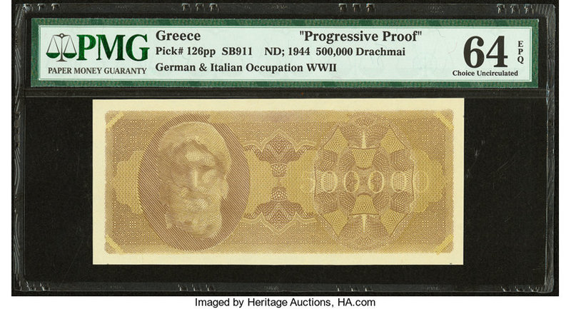 Greece Occupation 500,000 Drachmai ND; 1944 Pick 126pp Progressive Proof PMG Cho...