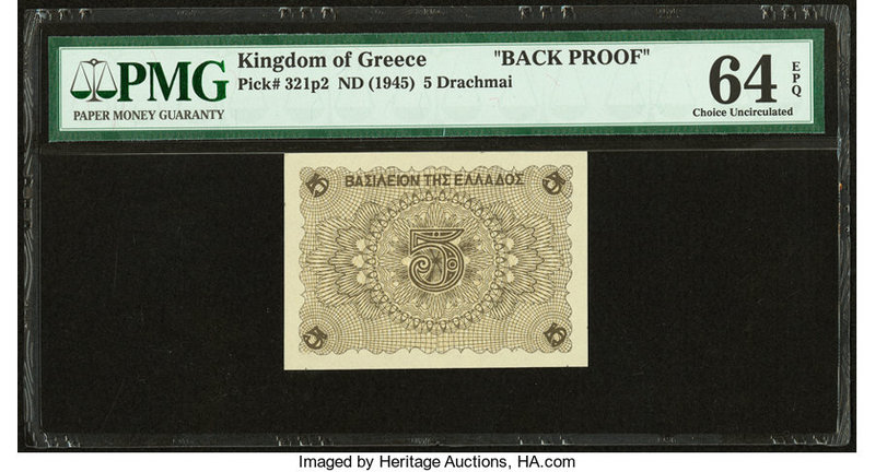 Greece Kingdom of Greece 5 Drachmai ND (1945) Pick 321p2 Back Proof PMG Choice U...