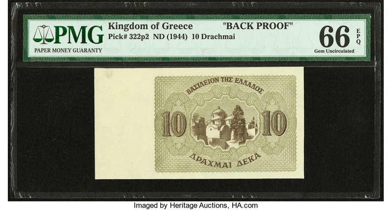 Greece Kingdom of Greece 10 Drachmai ND (1944) Pick 322p2 Back Proof PMG Gem Unc...