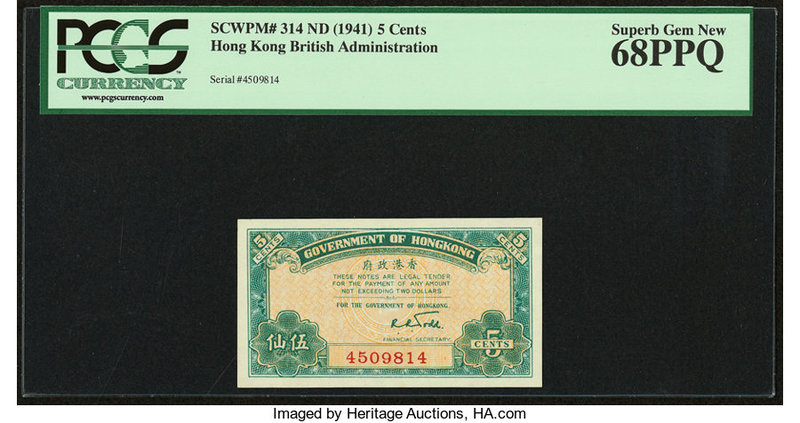 Hong Kong Government of Hong Kong 5 Cents ND (1941) Pick 314 KNB4 PCGS Superb Ge...