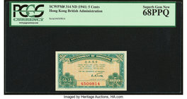 Hong Kong Government of Hong Kong 5 Cents ND (1941) Pick 314 KNB4 PCGS Superb Gem New 68PPQ. 

HID09801242017
