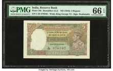 India Reserve Bank of India 5 Rupees ND (1943) Pick 18b Jhun4.3.2 PMG Gem Uncirculated 66 EPQ. Staple holes at issue.

HID09801242017