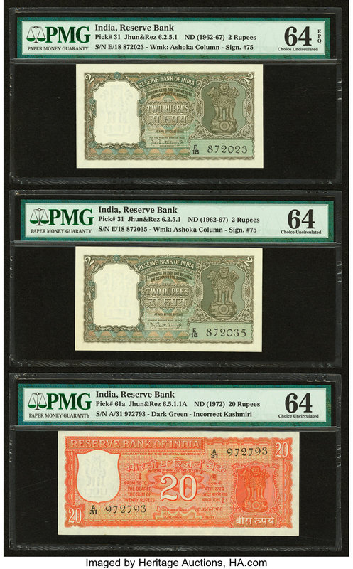 India Reserve Bank of India 2; 20 Rupees ND (1962-67); ND (1972) Pick 31 (2); 61...