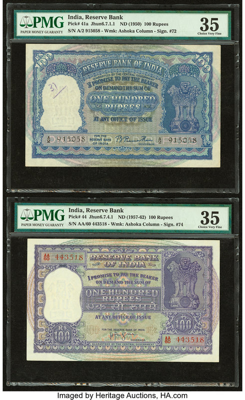 India Reserve Bank of India 100 Rupees ND (1950); ND (1957-62) Pick 41a; 44 Jhun...