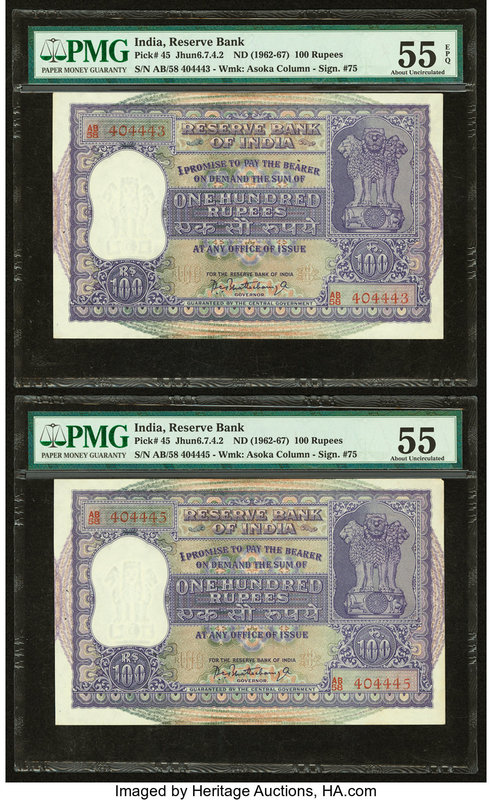 India Reserve Bank of India 100 Rupees ND (1962-67) Pick 45 Jhun6.7.4.2 Two Exam...