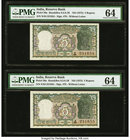 India Reserve Bank of India 5 Rupees ND (1975) Pick 56a Jhun6.3.8.1B Three Consecutive Examples PMG Choice Uncirculated 64; 10 Rupees ND (1985-90) Pic...