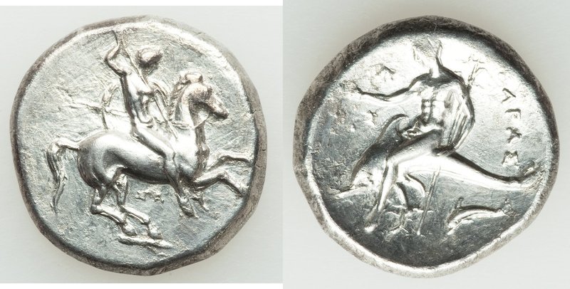 CALABRIA. Tarentum. Ca. 332-302 BC. AR stater or didrachm (21mm, 7.83 gm, 11h). ...