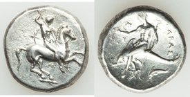 CALABRIA. Tarentum. Ca. 332-302 BC. AR stater or didrachm (21mm, 7.83 gm, 11h). Choice XF, cleaning marks. Sa-, A- and S-, magistrates. Nude warrior o...