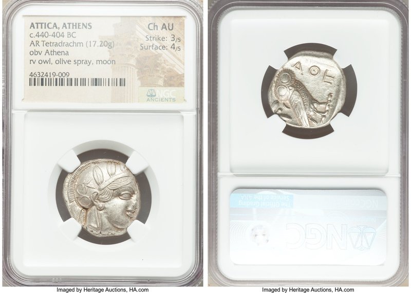 ATTICA. Athens. Ca. 440-404 BC. AR tetradrachm (24mm, 17.20 gm, 3h). NGC Choice ...