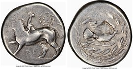 SICYONIA. Sicyon. Ca. 400-323 BC. AR stater (23mm, 6h). NGC Fine, punch marks, edge cut, flan flaw or overstrike. Ca. 350-340 BC. Chimera stalking lef...