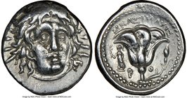 CARIAN ISLANDS. Rhodes. Ca. 250-200 BC. AR didrachm (20mm, 12h). NGC XF. Mnasimaxos, magistrate. Radiate facing head of Helios, turned slightly right ...