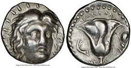 CARIAN ISLANDS. Rhodes. Ca. 250-205 BC. AR didrachm (19mm, 1h). NGC VF. Ca. 225-205 BC. Ameinias, magistrate. Radiate facing head of Helios, turned sl...