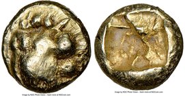 LYDIAN KINGDOM. Alyattes or Croesus (ca. 610-546 BC). EL 1/12 stater or hemihecte (8mm, 1.20 gm). NGC Choice VF 4/5 - 3/5. Lydo-Milesian standard. Sar...