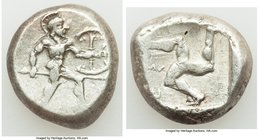 PAMPHYLIA. Aspendus. Ca. mid-5th century BC. AR stater (20mm, 10.87 gm, 6h). About VF. Helmeted nude hoplite advancing right, shield in left hand, spe...