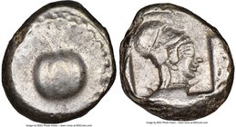 PAMPHYLIA. Side. Ca. 5th century BC. AR stater (20mm, 10.58 gm, 1h). NGC XF 4/5 - 4/5. Ca. 430-400 BC. Pomegranate; guilloche beaded border / Head of ...