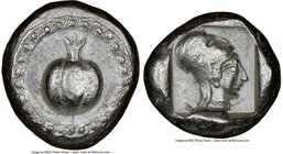 PAMPHYLIA. Side. Ca. 5th century BC. AR stater (20mm, 9h). NGC VF. Ca. 430-400 BC. Pomegranate, guilloche beaded border / Head of Athena right, wearin...