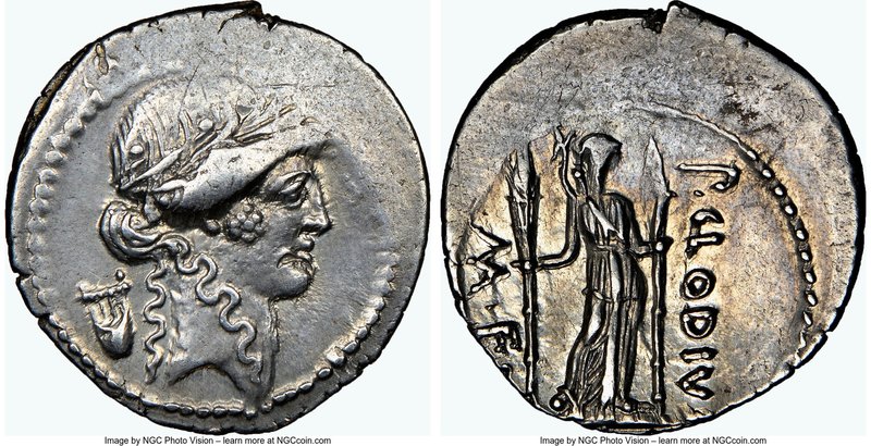 P. Clodius M.f. Turrinus (ca. 42 BC). AR denarius (20mm, 3.81 gm, 11h). NGC Choi...