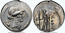 P. Clodius M.f. Turrinus (ca. 42 BC). AR denarius (20mm, 3.81 gm, 11h). NGC Choice XF, 3/5 - 4/5, bankers mark. Rome. Laureate head of Apollo right; l...