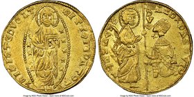 Chios. Anonymous gold Imitative Ducat ND (1343-1354) AU55 NGC, Uncertain mint, Fr-38a var. Imitating a gold Ducat of Andrea Dandolo. ΛZDR DΛZDVO DVX |...