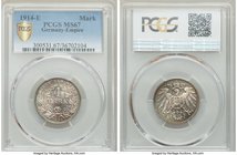 Wilhelm II Mark 1914-E MS67 PCGS, Muldenhutten mint, KM14. Glistening with luster somewhat subdued by a drapery of olive, turquoise and rose toning. 
...