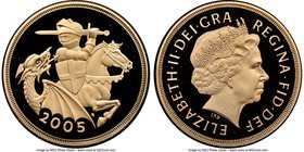 Elizabeth II gold Proof 2 Pounds 2005 PR69 Ultra Cameo NGC, KM10566. Mintage: 5,000. AGW 0.4708 oz. Stylized St. George on horseback slaying dragon. 
...