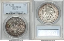 Republic 8 Reales 1859 Go-PF MS62 PCGS, Guanajuato mint, KM377.8, DP-Go43. Olive and gold mottled toning on obverse, mostly white reverse with periphe...