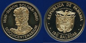 Republic gold Proof 150 Balboas 1980-FM, Franklin mint, KM68. Mintage: 1,837. Issued for the 150th anniversary of the death of Simon Bolivar. Comes in...