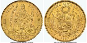 Republic gold 10 Soles 1863 LIMA-YB MS62 NGC, Lima mint, KM193. One year type. 

HID09801242017