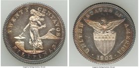 USA Administration Proof 20 Centavos 1903, Philadelphia mint, KM166. Mintage: 2,558. 23.2mm. 5.38gm. Golden-red centers migrating to florescent blue r...