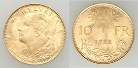 Confederation gold 10 Francs 1922-B UNC, Bern mint, KM36. 19.0mm. 3.22gm. AGW 0.933 oz. 

HID09801242017
