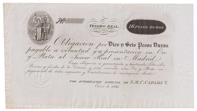 Carlos V Pretendiente
16 Pesos duros. Enero 1835. Tesoro Real. Sello en seco. E...