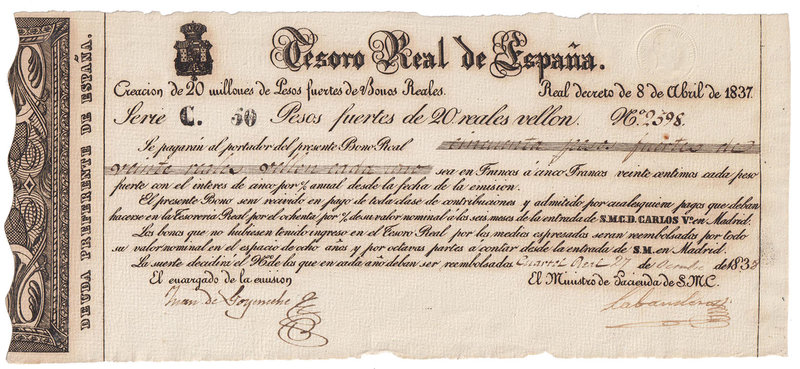 Carlos V Pretendiente
50 Pesos fuertes. R.D. 8 Abril 1837. Serie C. Tesoro Real...