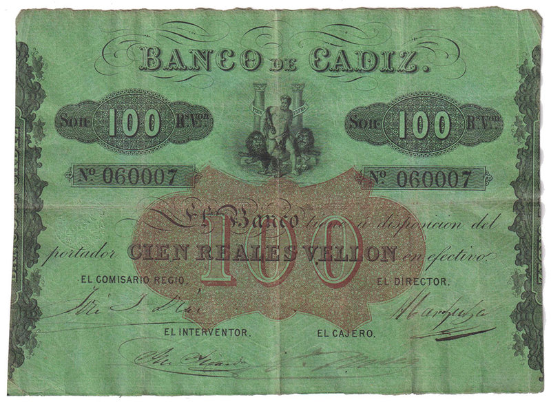 Banco de Cádiz
100 Reales de vellón. III emisión. Sin fecha. Verde. Tampón en r...