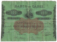 Banco de Cádiz
100 Reales de vellón. III emisión. Sin fecha. Verde. Tampón en reverso. ED.78. Doblado en ocho partes. MBC.