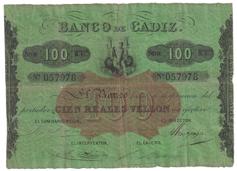 Banco de Cádiz
100 Reales de vellón. III emisión. Sin fecha. Verde. Tampón en r...